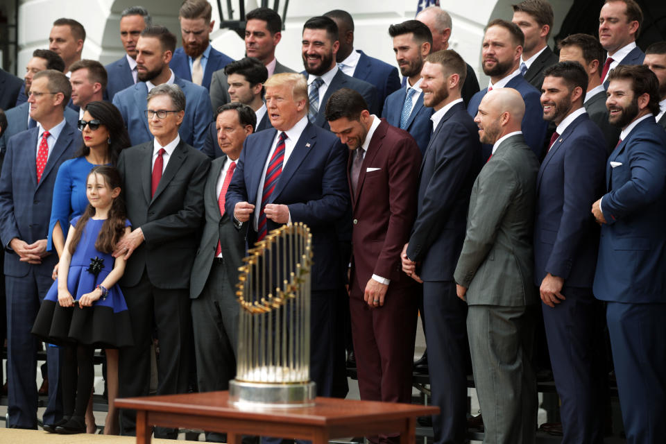 U.S. President Donald Trump poses for photos with members of the Boston Red Sox at the White House May 9, 2019 in Washington, DC. President Donald Trump hosted the Boston Red Sox to honor their championship of the 2018 World Series.(Photo by Alex Wong/Getty Images)