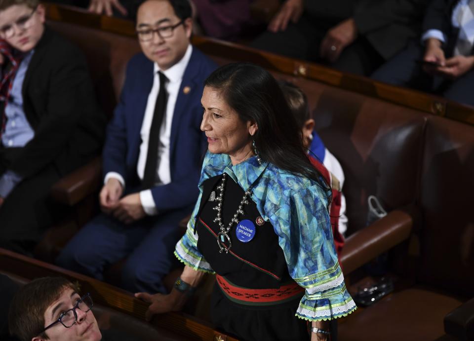 Rep. Deb Haaland (D-NM) stands during the 116th Congress and swearing-in ceremony on the floor of the US House of Representatives at the US Capitol on January 3, 2019 in Washington, D.C.