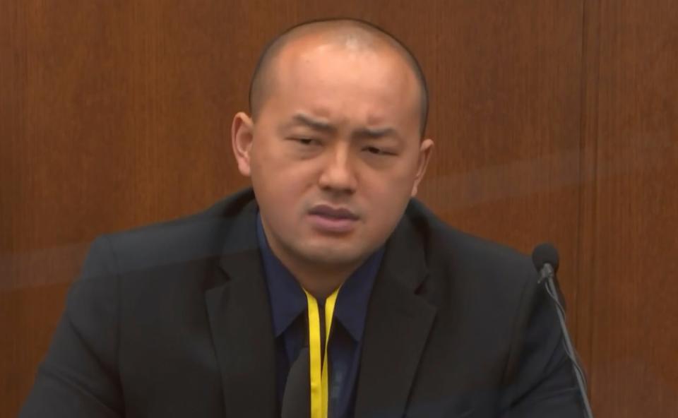 In this image from video, Minneapolis Park Police Officer Peter Chang testifies as Hennepin County Judge Peter Cahill presides, Tuesday, April 13, 2021, in the trial of former Minneapolis police Officer Derek Chauvin at the Hennepin County Courthouse in Minneapolis, Minn.  Chauvin is charged in the May 25, 2020 death of George Floyd.