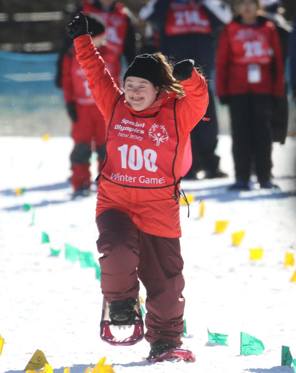 Vernon, NJ -- February 6, 2024 -- Courtney Muns of Garfield competing in Snowshoeing. The Special Olympics New Jersey 2024 Winter Games Winter Games Competitions took place at the National Winter Activity Center in Vernon, NJ of February 6, 2024.