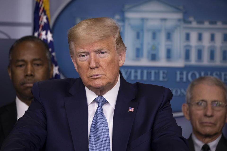 WASHINGTON, DC - MARCH 21:  U.S. President Donald Trump speaks during a briefing in the James Brady Press Briefing Room at the White House on March 21, 2020 in Washington, DC. With deaths caused by the coronavirus rising and foreseeable economic turmoil, the Senate is working on legislation for a $1 trillion aid package to deal with the COVID-19 pandemic.  (Photo by Tasos Katopodis/Getty Images)