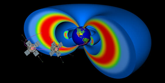 Artist's rendering showing two spacecraft representing the Radiation Belt Storm Probes that will study the sun and its effects on Earth.