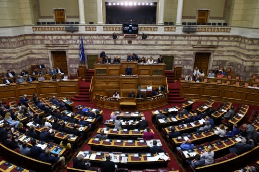 Leader of Greece's main opposition New Democracy party Kyriakos Mitsotakis speaks in parliament in Athens on June 14 to back a censure vote against the government in a bid to block a proposed name deal with Macedonia