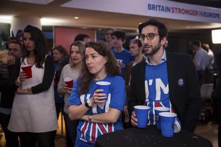 Supporters of the Stronger In Campaign react as results of the EU referendum are announced at the Royal Festival Hall, in London, Britain June 24, 2016. REUTERS/Rob Stothard/Pool