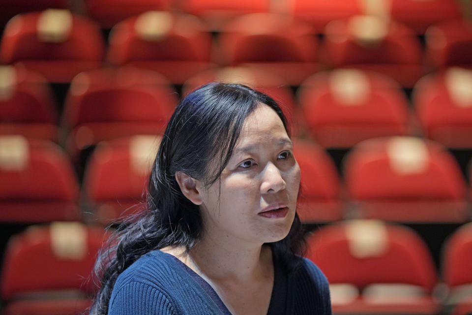 Rowena He speaks during an interview after the play "May 35th," in London, Thursday, May 30, 2024. As the 35th anniversary of Beijing's Tiananmen Square crackdown neared, Rowena He, a prominent scholar of the bloody chapter of modern China, was busy flying between the United States, Britain and Canada to give a series of talks. Each was aimed at speaking out for those who cannot. (AP Photo/Kin Cheung)