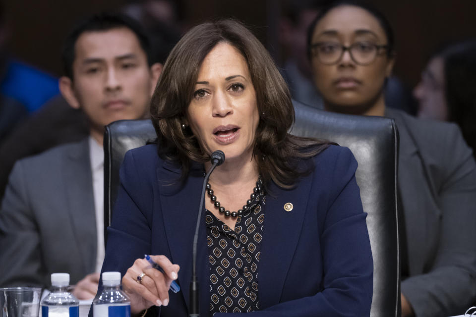 Senate Judiciary Committee member Sen. Kamala Harris, D-Calif., makes her argument against advancing the nomination of Bill Barr to be attorney general, on Capitol Hill in Washington, Thursday, Feb. 7, 2019. (AP Photo/J. Scott Applewhite)