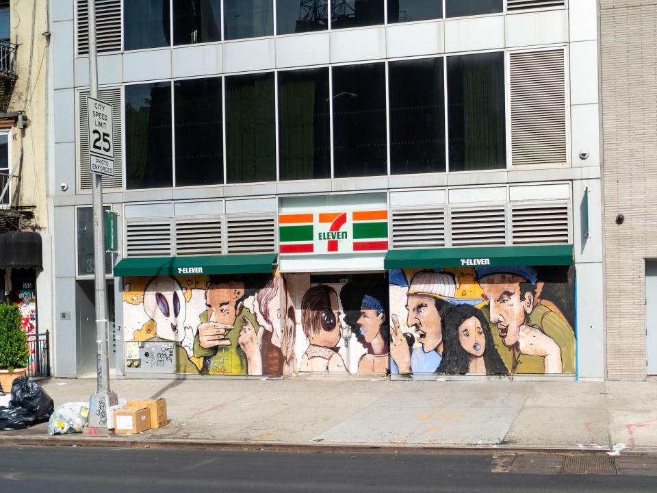 Street art is displayed on a boarded up 7-Eleven store amid coronavirus closures and protests in the East Village on June 19, 2020 in New York City.
