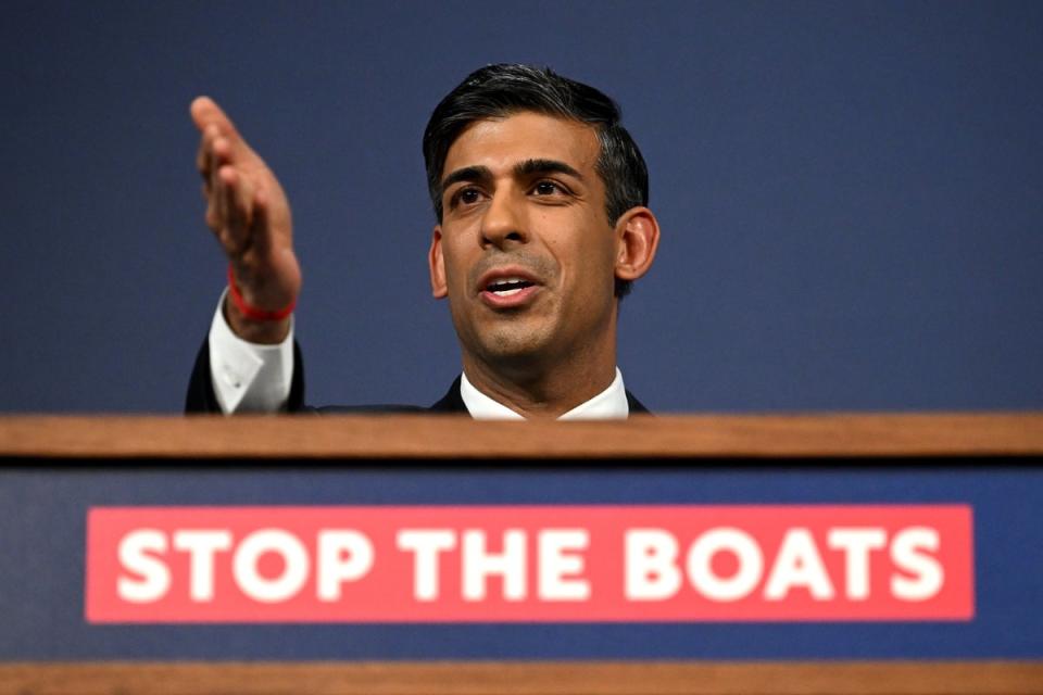 Prime Minister Rishi Sunak during a press conference in Downing Street, London, after the Government unveiled plans for new laws to curb Channel crossings as part of the Illegal Migration Bill.  (PA Wire)