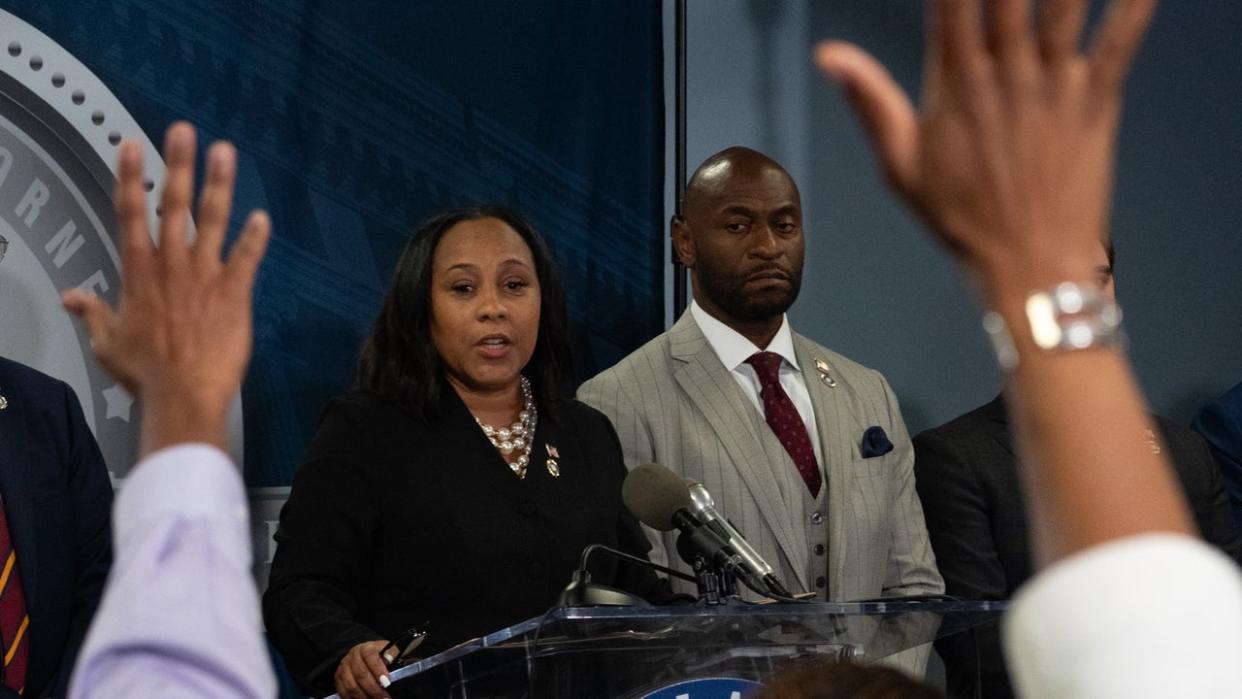 <div>Fulton County District Attorney Fani Willis speaks during a news conference at the Fulton County Government building on August 14, 2023 in Atlanta. (Photo by Megan Varner/Getty Images)</div>