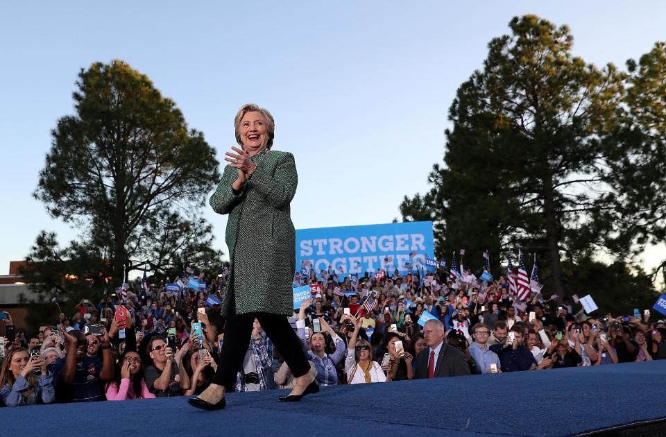 Democratic presidential nominee Hillary Clinton greets supporters during a campaign rally at the University of North Carolina at Charlotte on Oct. 23, 2016, in Charlotte, N.C. (Photo: Justin Sullivan/Getty Images)