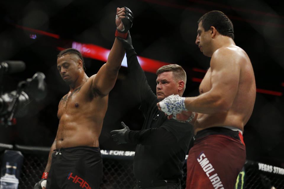 Greg Hardy reacts after defeating Dmitrii Smoliakov of Russia during their heavyweight bout at UFC Fight Night at BB&T Center on April 27, 2019 in Sunrise, Florida.