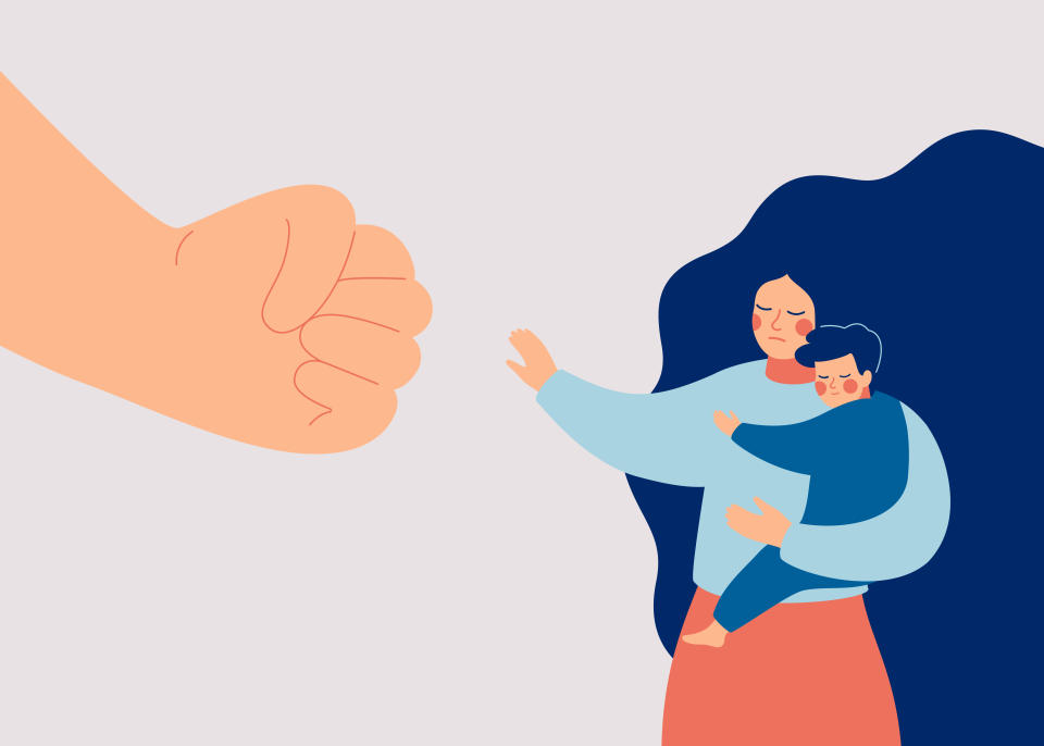 Strong mother protects her child from danger. Stop violence against children. A big fist threatens a woman and her baby. Vector illustration