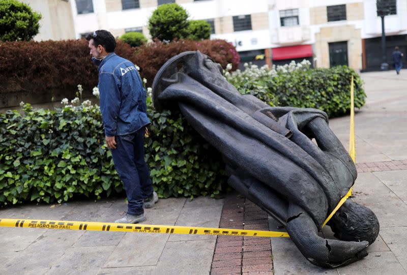 Demolished statue of Spanish conqueror Gonzalo Jimenez de Quesada is pictured in Bogota