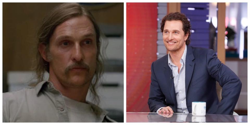 <p>When Matthew McConaughey played Rust Cohle in <em>True Detective</em>, he looked nearly unrecognizable thanks to his straggly long hair, weird handle bar mustache, and dead, unhappy eyes. While McConaguhey has had his fair share of interesting hair moments, he usually looks a whole lot more put together (and happier!) in reality. </p>