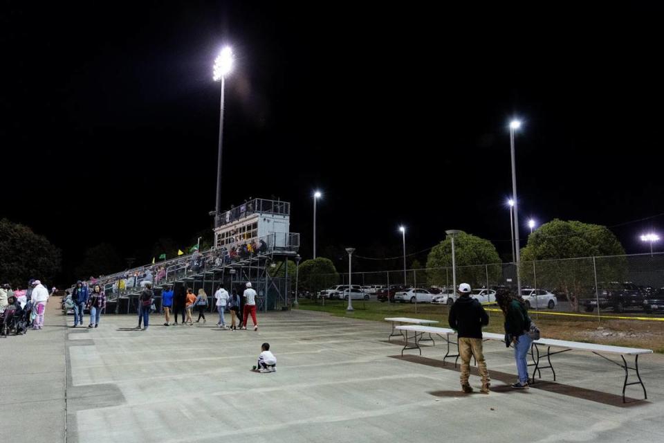 Bryan Station High School’s football stadium home bleachers remain incomplete after a large portion was destroyed in a wind storm this past spring. To make room for fans, the band sat on the field during their game against George Rogers Clark on Friday.