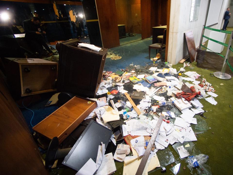 Damage is seen to the Brazilian National Congress following the riot