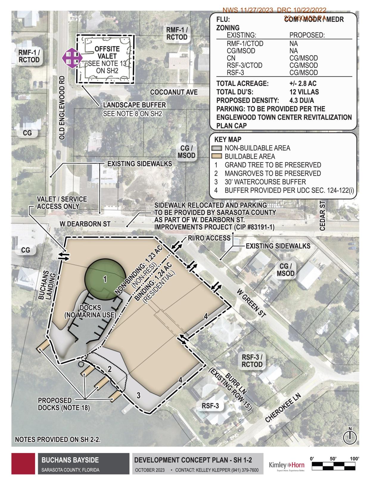 The map shows a non-binding site plan for the proposed mixed-use development Buchan's Bayside, which will include a destination restaurant and 12 paired villas.