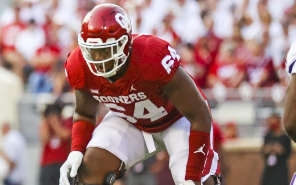 Sep 11, 2021; Norman, Oklahoma, USA; Oklahoma Sooners offensive lineman Wanya Morris (64) in action during the game against the Western Carolina Catamounts at Gaylord Family-Oklahoma Memorial Stadium. Mandatory Credit: Kevin Jairaj-USA TODAY Sports