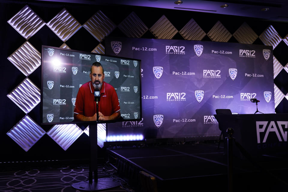 CORRECTS TO WASHINGTON STATE NOT WASHINGTON AS ORIGINALLY SENT - Washington State head coach Nick Rolovich answers question via video conference during the Pac-12 Conference NCAA college football Media Day Tuesday, July 27, 2021, in Los Angeles. (AP Photo/Marcio Jose Sanchez)