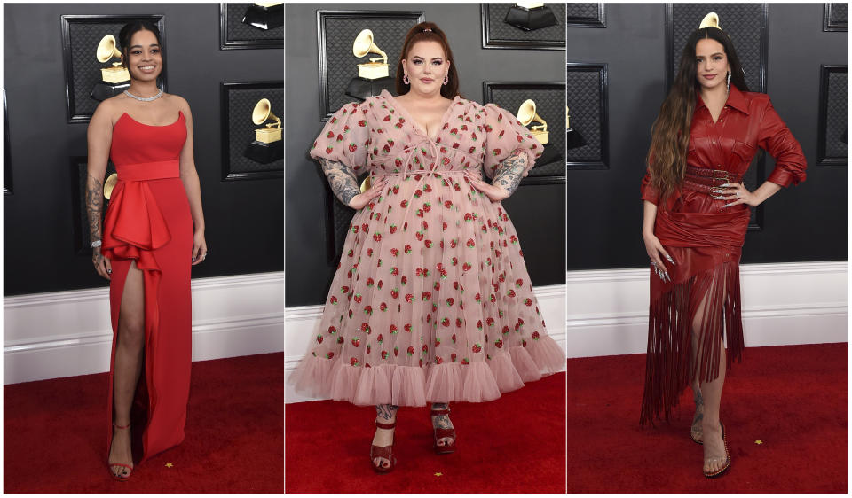 This combination of photos shows fashion worn by Ella Mai, from left, Tess Holliday and Rosalia at the 62nd annual Grammy Awards at the Staples Center on Sunday, Jan. 26, 2020, in Los Angeles. (Photos by Jordan Strauss/Invision/AP)