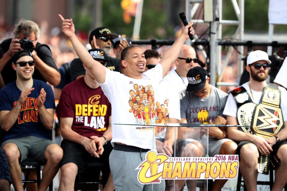 Tyronn Lue points to various elevated locations around Cleveland where he stashed cash. (Getty Images)