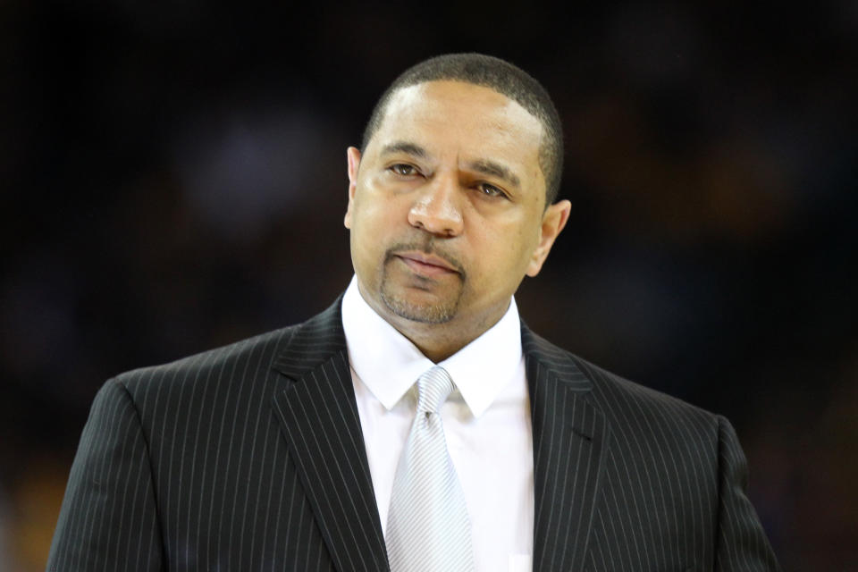 Golden State Warriors head coach Mark Jackson pauses during a time out in the first half of a NBA game against the Orlando Magic at the Oracle Arena in Oakland, Calif., on Tuesday, March 18, 2014. (Ray Chavez/Bay Area News Group) (Photo by RAY CHAVEZ/MediaNews Group/Bay Area News via Getty Images)
