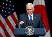 U.S. Vice President Mike Pence delivers a speech to U.S. and Japanese business leaders in Tokyo, Japan April 19, 2017. REUTERS/Kim Kyung-Hoon