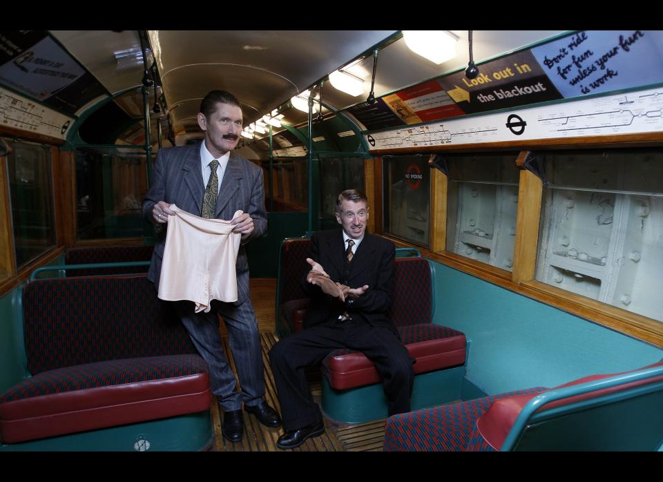 Actors dressed in 1940's style recreate the selling of black market silk stockings and bloomers on a 1938 tube train in Aldwych Underground station in London, Thursday, Sept. 23, 2010. As part of a series of commemorative events taking place in London to mark the 70th anniversary of the Blitz and the Battle of Britain, visitors are being allowed to descend into the disused Aldwych Underground station, public tickets have sold out already. The station has been transformed to recreate the feel of what it was like during the 1940s when thousands of people took refuge in the Underground from the bombs that rained on the capital.   <em>  AP Photo/Kirsty Wigglesworth</em>