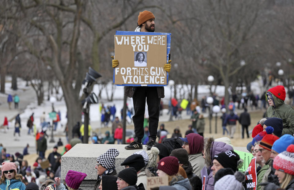 <p>Thousands of Minnesota students and other supporters of gun control marched down the streets of St. Paul and gathered for a rally at the State Capitol Saturday. It was part of an unprecedented worldwide student-led movement dubbed March for Our Lives. (Brian Peterson/Star Tribbune/AP) </p>