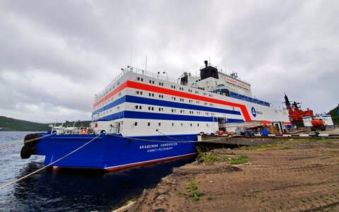 Russia's floating nuclear power plant, the Academic Lomonosov, stands in port during a visit by The Telegraph last month - Credit: Alec Luhn/For The Telegraph