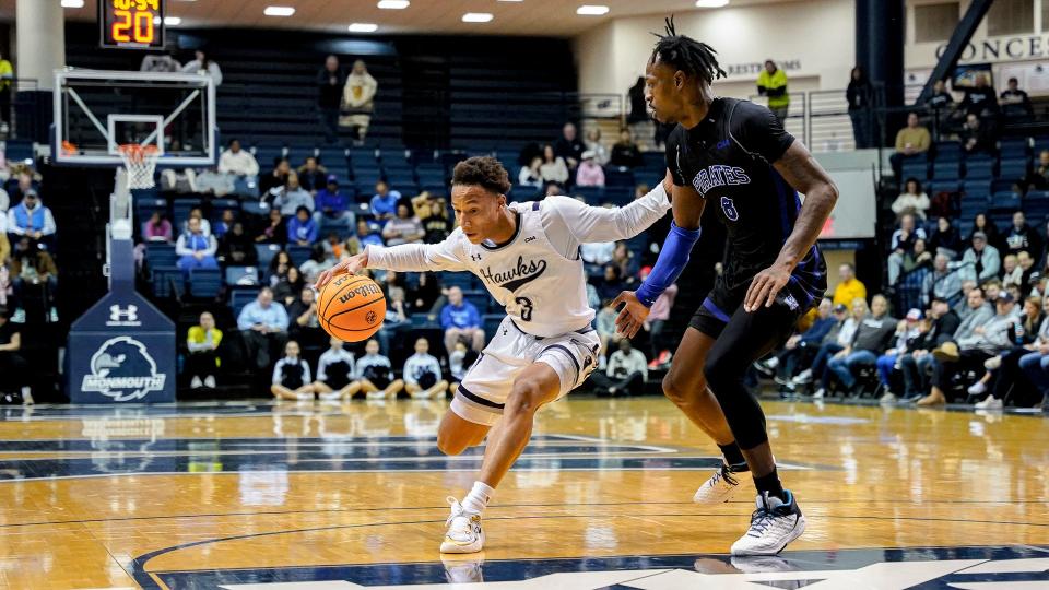 Monmouth's Jakari Spence drives against Hampton at OceanFirst Bank Center in West Long Branch on Jan. 20, 2024.