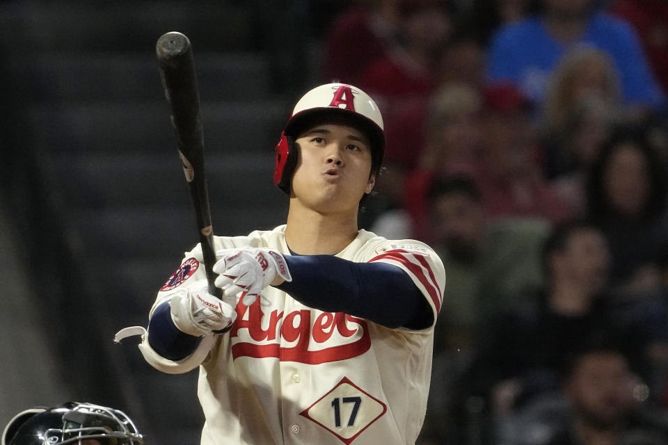 Los Angeles Angels designated hitter Shohei Ohtani swings for a strike during the fourth inning of a baseball game against the Oakland Athletics Wednesday, April 26, 2023, in Anaheim, Calif. (AP Photo/Mark J. Terrill)