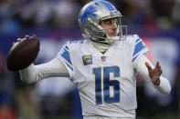 Detroit Lions quarterback Jared Goff (16) passes during the second half of an NFL football game against the New York Giants, Sunday, Nov. 20, 2022, in East Rutherford, N.J. (AP Photo/Seth Wenig)