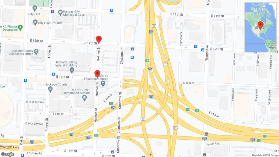 A detailed map that shows the affected road due to 'Kansas City: Holmes Street closed' on June 22nd at 8:50 p.m.