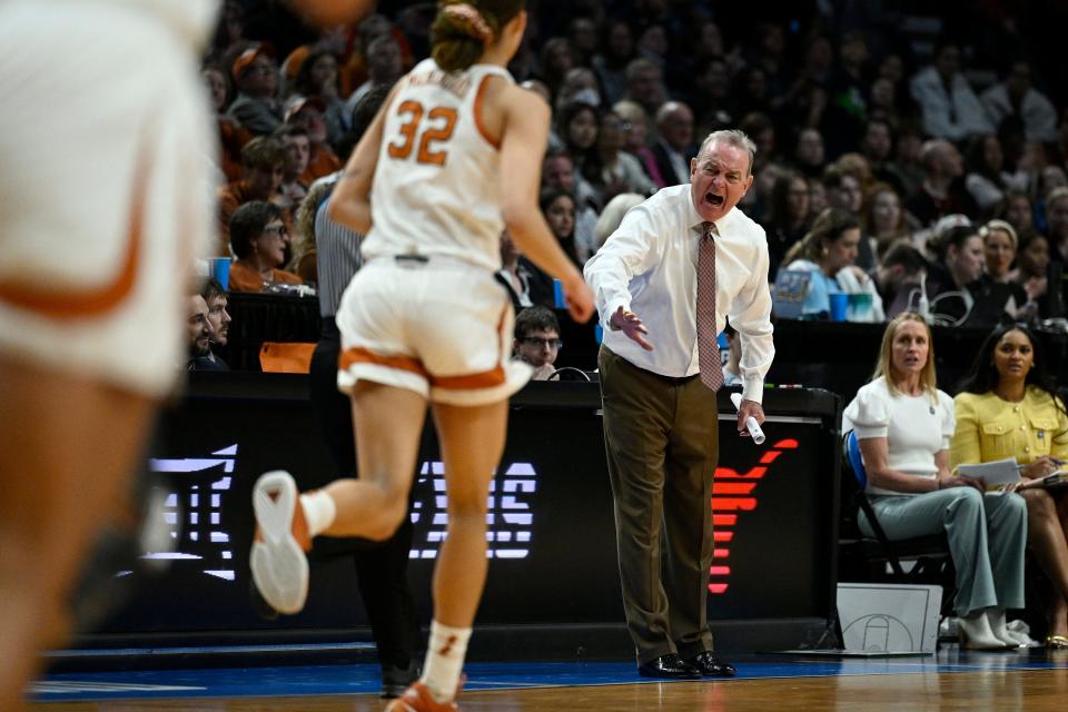Mar 31, 2024; Portland, OR, USA; Texas Longhorns head coach Vic Schaefer yells during the second half against the NC State Wolfpack in the finals of the Portland Regional of the NCAA Tournament at the Moda Center center. Mandatory Credit: Troy Wayrynen-USA TODAY Sports
