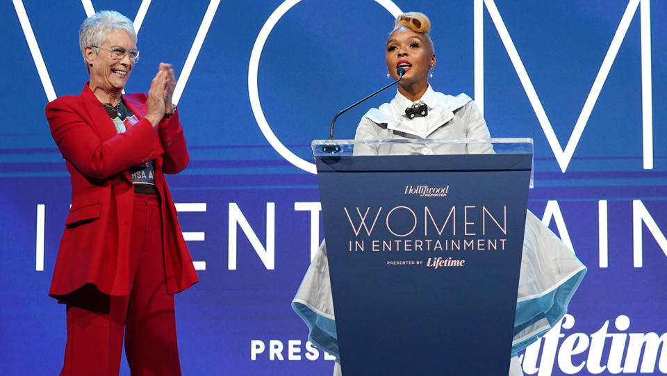 (L-R) Jamie Lee Curtis and Janelle Monáe attend The Hollywood Reporter 2022 Power 100 Women in Entertainment presented by Lifetime at Fairmont Century Plaza on December 07, 2022 in Los Angeles, California.