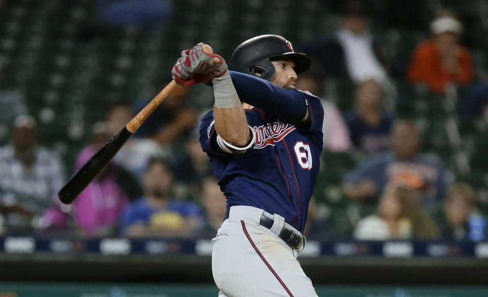 DETROIT, MI - AUGUST 30:  Jake Cave #60 of the Minnesota Twins bats against the Detroit Tigers at Comerica Park on August 30, 2019 in Detroit, Michigan. (Photo by Duane Burleson/Getty Images)