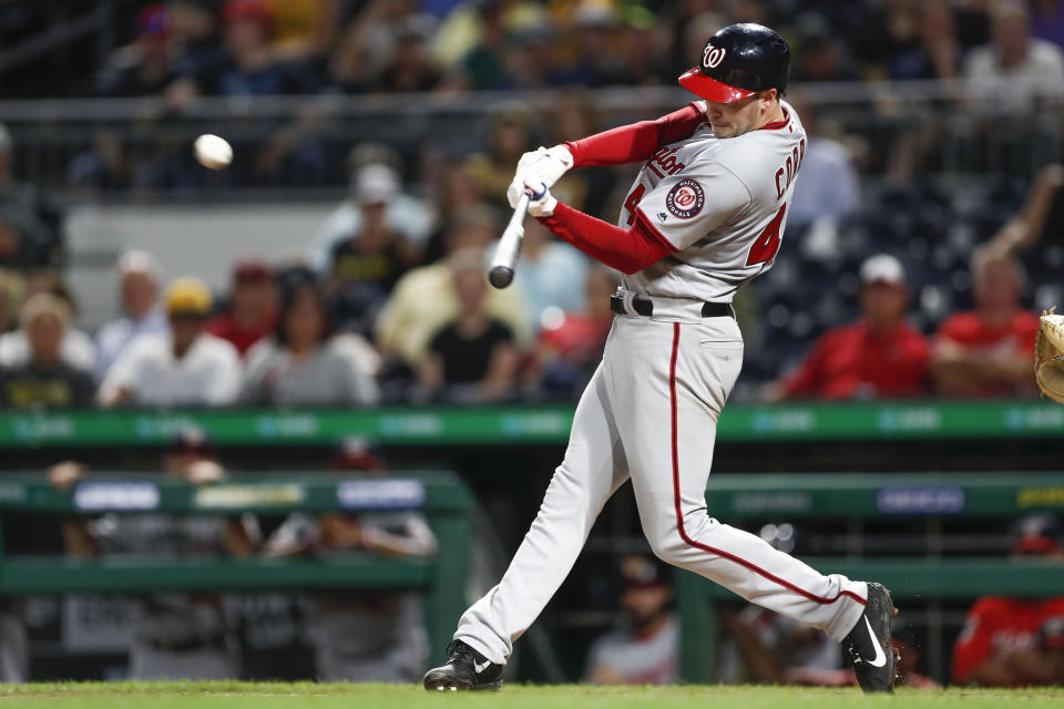 Washington Nationals starting pitcher Patrick Corbin hits an RBI double during the eighth inning against the Pittsburgh Pirates in a baseball game Wednesday, Aug. 21, 2019, in Pittsburgh. (AP Photo/Keith Srakocic)