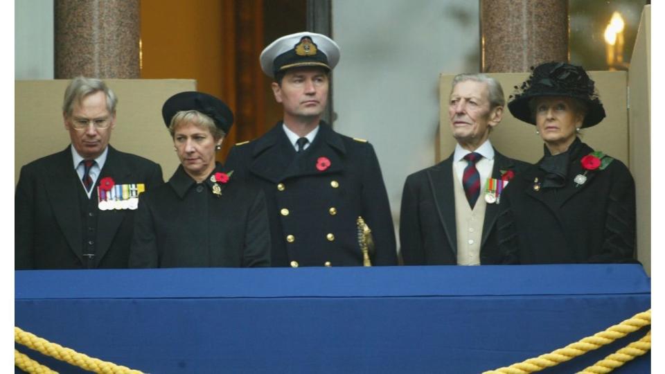 The Duke and Duchess of Gloucester with Sir Timothy Laurence, Princess Alexandra and Angus Ogilvy at a Remembrance Service