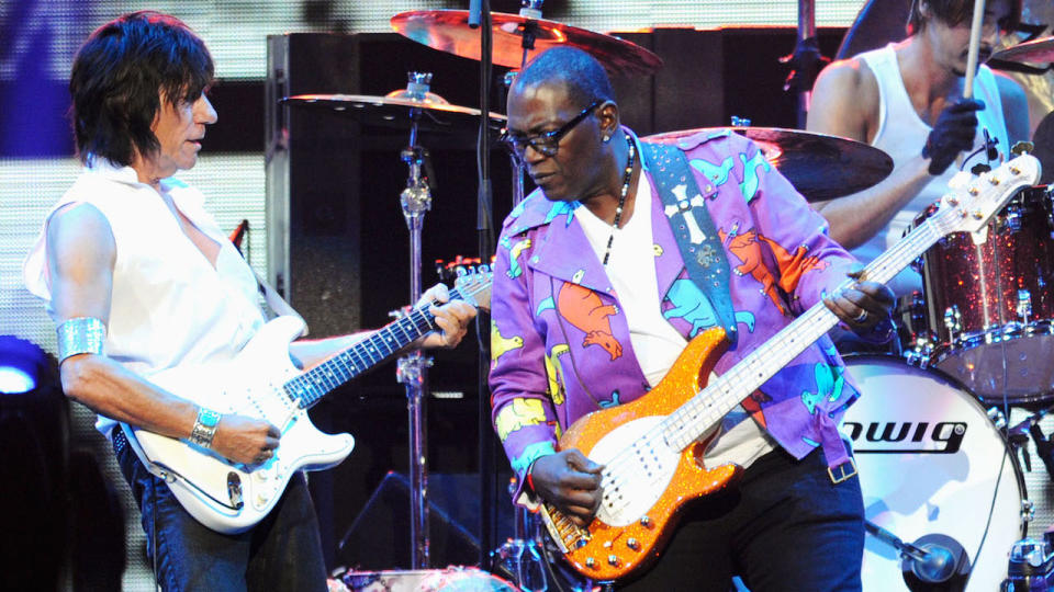 Musicians Jeff Beck (L) and Randy Jackson perform with Steven Tyler onstage at the iHeartRadio Music Festival held at the MGM Grand Garden Arena on September 24, 2011 in Las Vegas, Nevada.