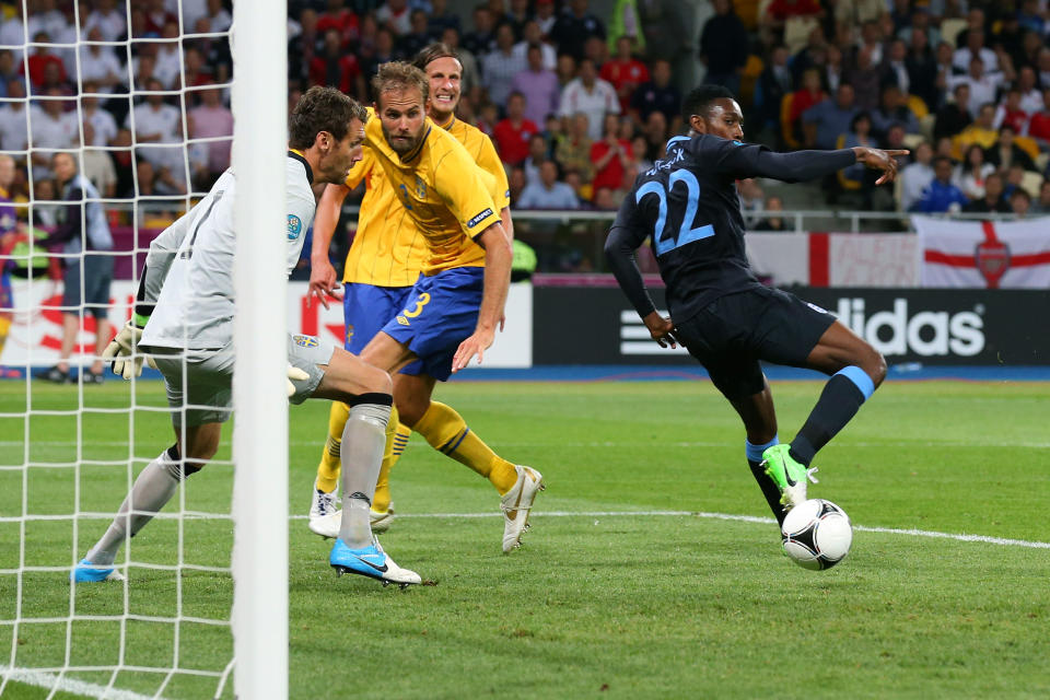 KIEV, UKRAINE - JUNE 15: Danny Welbeck of England celebrates scores their third goal during the UEFA EURO 2012 group D match between Sweden and England at The Olympic Stadium on June 15, 2012 in Kiev, Ukraine. (Photo by Alex Livesey/Getty Images)