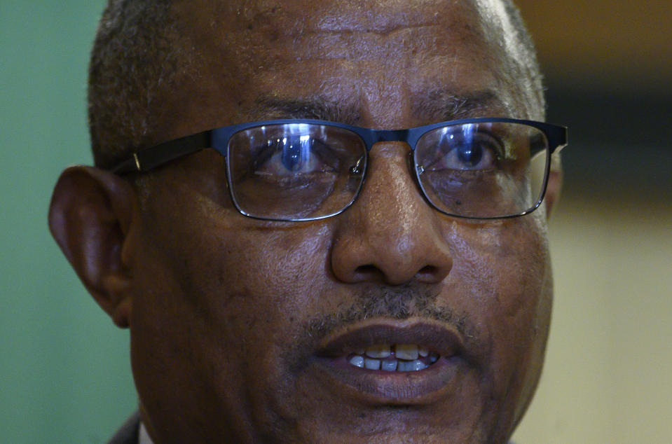 Ethiopian Foreign Minister Gedu Andargachew speaks during a press conference with U.S. Secretary of State Mike Pompeo, at the Sheraton Hotel, in Addis Ababa, Ethiopia, Tuesday Feb. 18, 2020. America’s top diplomat in his final Africa stop has discussed political reforms with Ethiopia’s Nobel Peace Prize-winning prime minister, and Ethiopia says the U.S. plans to provide “substantial financial support.” (Andrew Caballero-Reynolds/Pool Photo via AP)