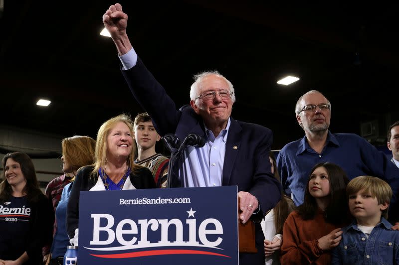 Democratic U.S. presidential candidate Senator Bernie Sanders speaks at his Super Tuesday night rally in Essex Junction, Vermont, U.S.