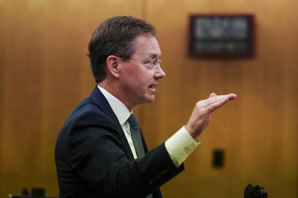 Attorney Tom Clyde argues for the release of the final report by a special grand jury looking into possible interference in the 2020 presidential election Tuesday, Jan. 24, 2023, in Atlanta. (AP Photo/John Bazemore)