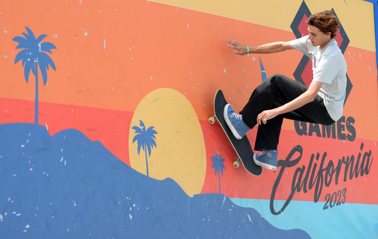 Ventura native Curren Caples, 27, competes in the Men's Skateboard Street Elimination at the X Games competition at the Ventura County Fairgrounds on Friday.