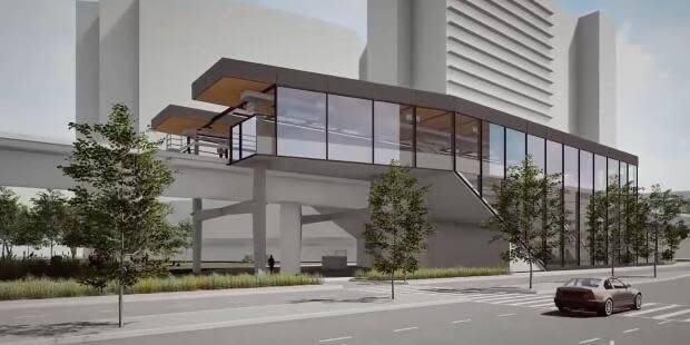 A digital rendering of the new Capstan Station on the Canada Line in Richmond, B.C. Construction began Thursday, according to TransLink.  (TransLink - image credit)