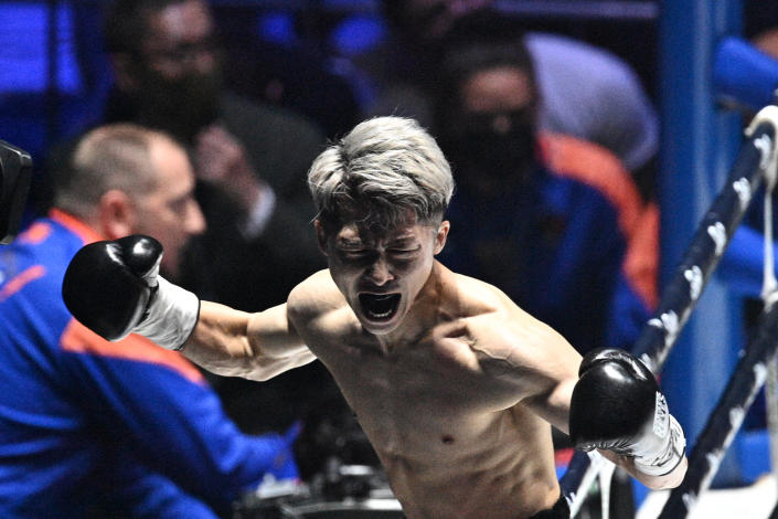 Japan's Naoya Inoue reacts after winning against Philippines' Nonito Donaire during their Bantamweight unification boxing match at Saitama Super Arena in Saitama on June 7, 2022. (Photo by Philip FONG / AFP) (Photo by PHILIP FONG/AFP via Getty Images)