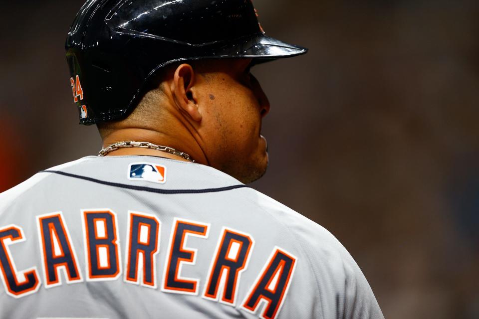 Detroit Tigers first baseman Miguel Cabrera (24) looks on in the eighth inning Sept. 18, 2021 against the Tampa Bay Rays at Tropicana Field.