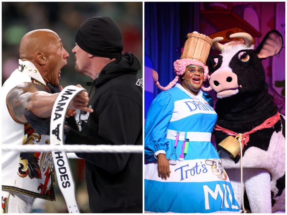 Left: The Rock and The Undertaker face off drmatically in the ring. Right: A traditional British pantomime dame and cow on stage.