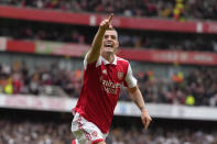 Arsenal's Granit Xhaka celebrates after scoring his side's third goal during the English Premier League soccer match between Arsenal and Tottenham Hotspur, at Emirates Stadium, in London, England, Saturday, Oct. 1, 2022. (AP Photo/Kirsty Wigglesworth)